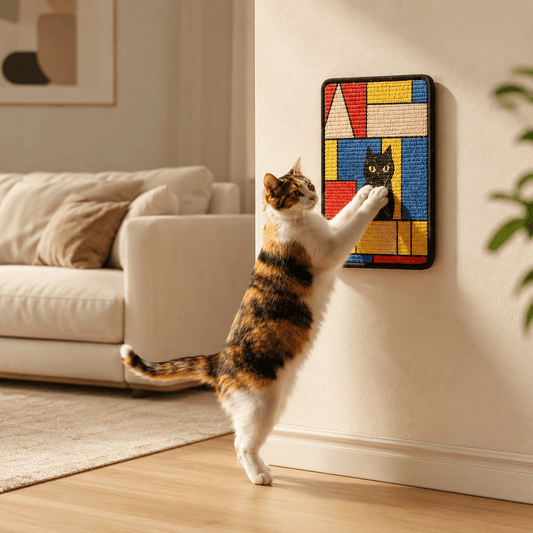 Chat tricolore utilisant un griffoir mural décoratif coloré fixé au mur dans un salon beige