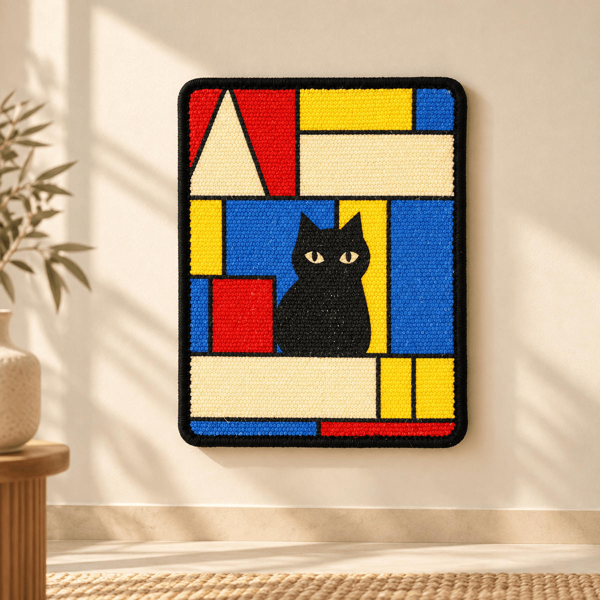 Griffoir mural pour chat au motif géométrique coloré avec silhouette de chat noir, fixé sur un mur beige