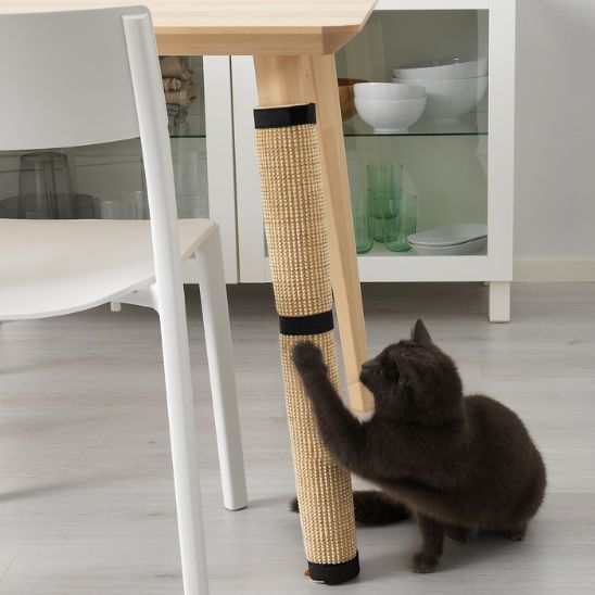 Chat utilisant un griffoir design fixé sur un pied de meuble