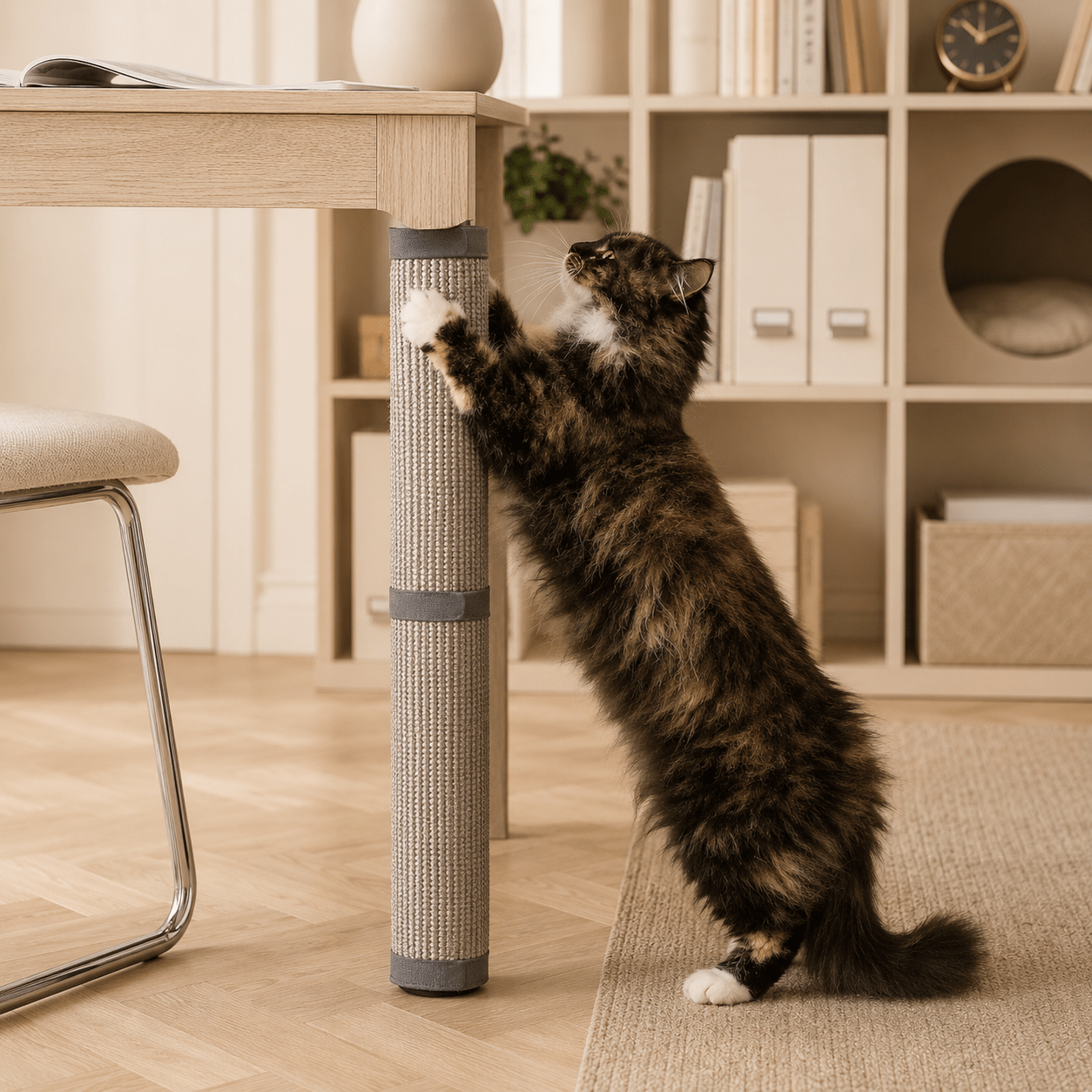 Griffoir design pour chat installé sur un pied de table dans un intérieur beige moderne