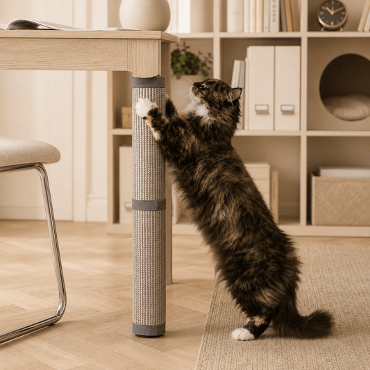 Griffoir design pour chat installé sur un pied de table dans un intérieur beige moderne