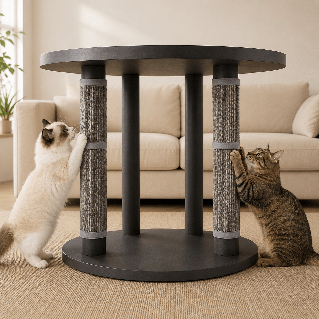 Plusieurs griffoirs design installés sur les pieds d'une table pour chats
