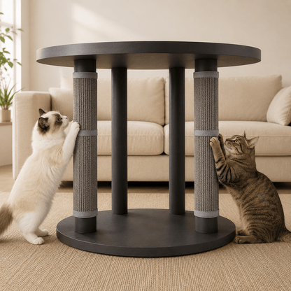Plusieurs griffoirs design installés sur les pieds d'une table pour chats