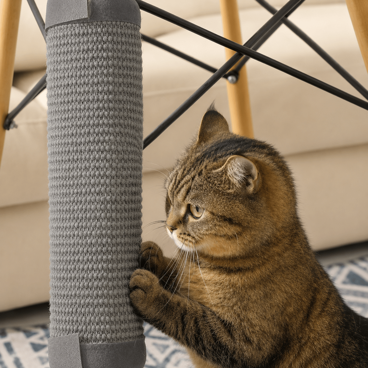 Chat faisant ses griffes sur un griffoir design fixé à un pied de chaise