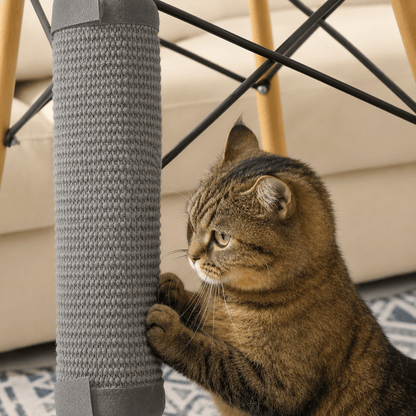 Chat faisant ses griffes sur un griffoir design fixé à un pied de chaise
