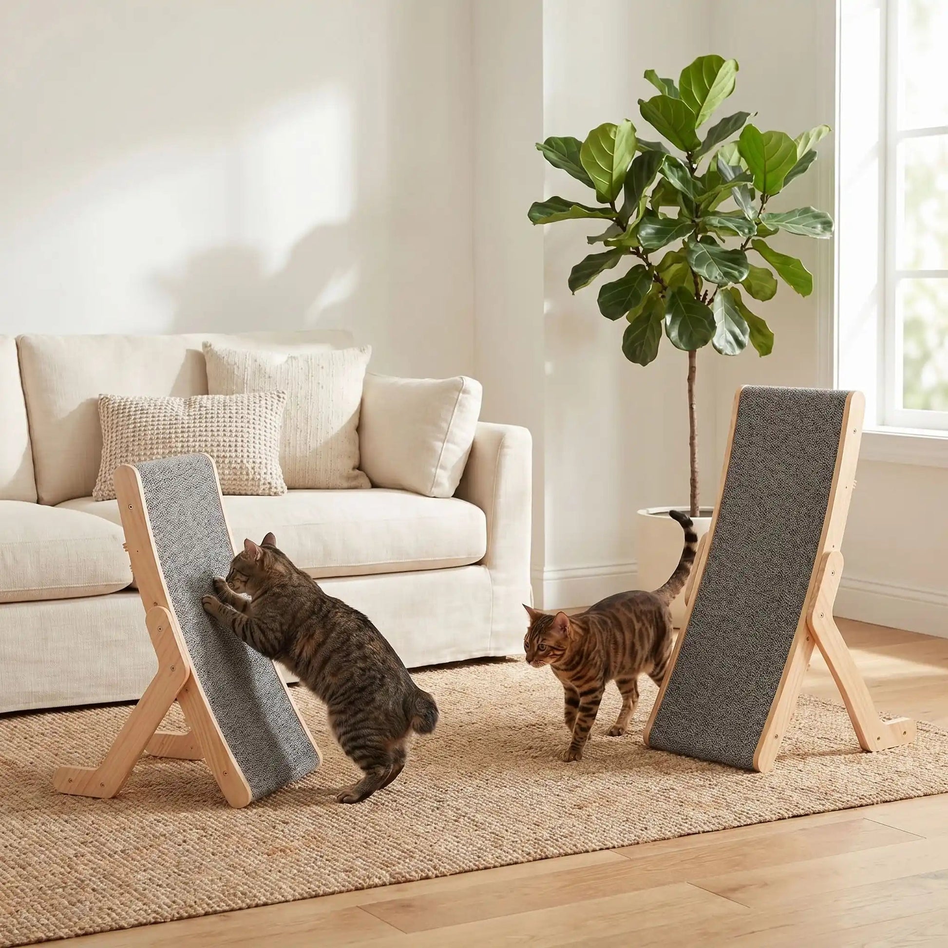griffoir pour chat design en bois avec deux chats dans un salon lumineux