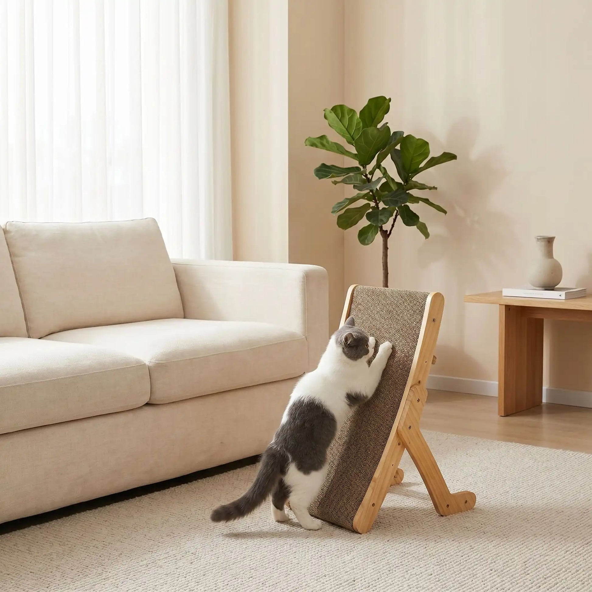 griffoir chat design en bois dans un salon beige avec un chat qui grimpe