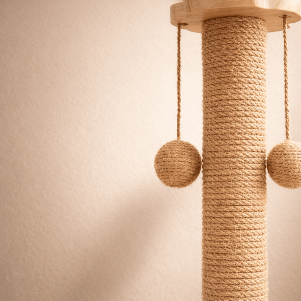 détail corde en sisal et base en bois naturel du griffoir