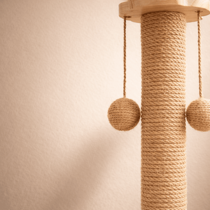 détail corde en sisal et base en bois naturel du griffoir