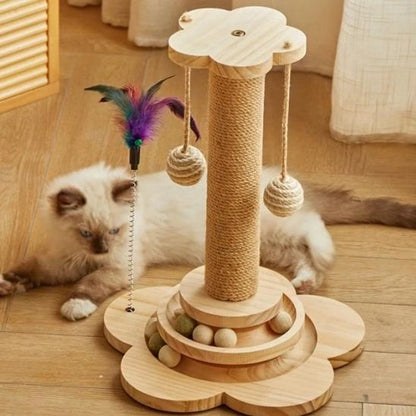 chat repose à côté d’un griffoir en sisal bois naturel