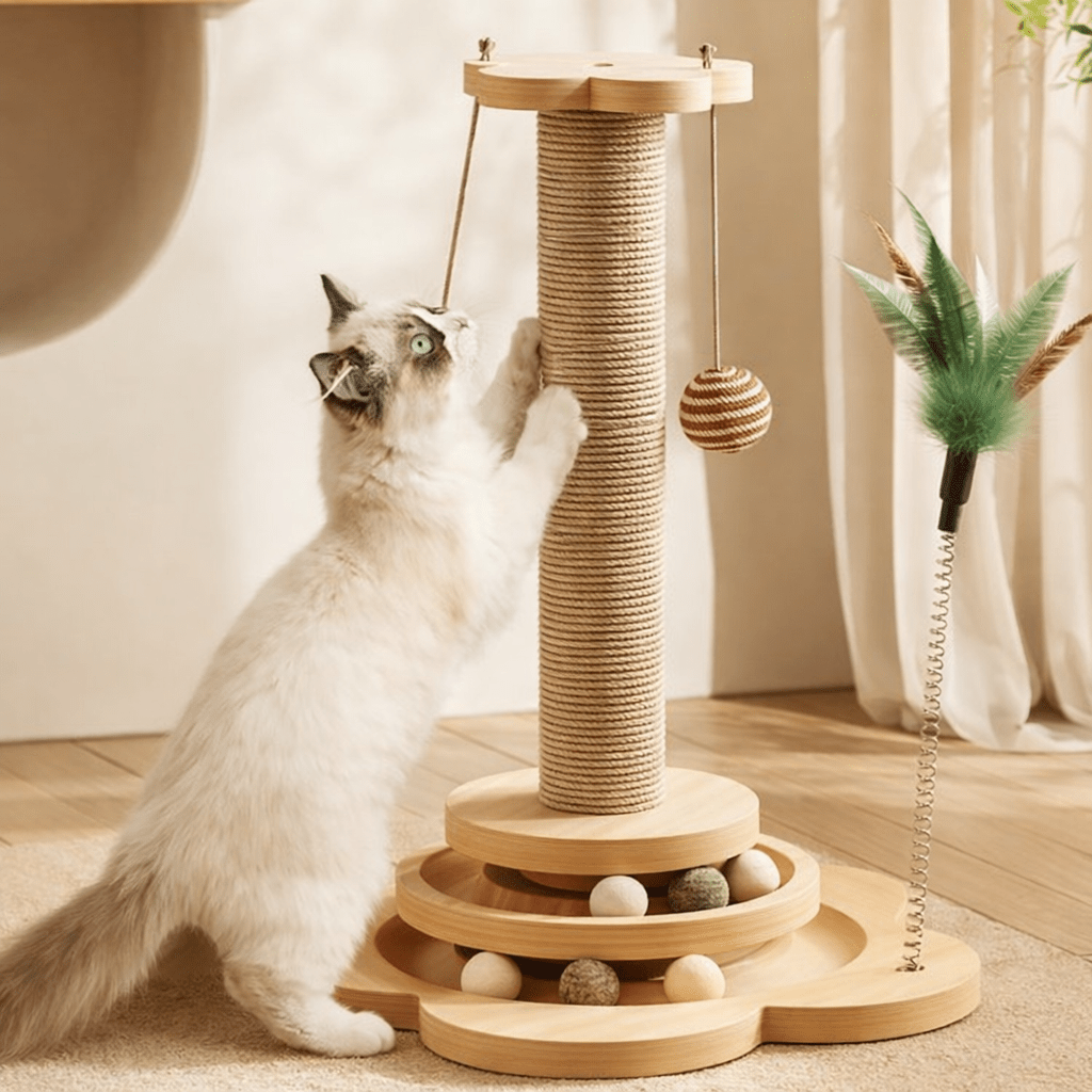 chat qui saute et joue sur un griffoir en sisal dans un salon lumineux