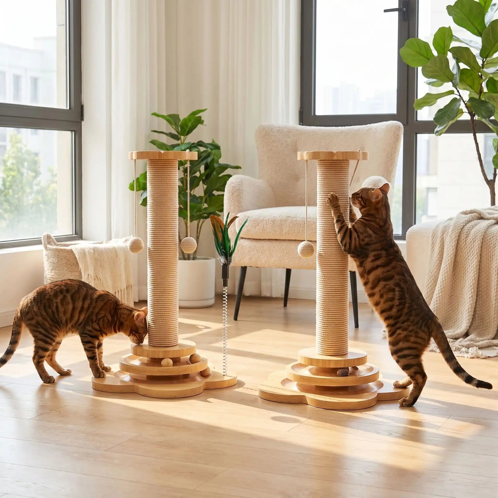 plusieurs chats utilisent un griffoir en sisal dans un intérieur moderne