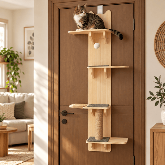 Chat tigré installé sur la plateforme supérieure d'un arbre à chat de porte en bois dans un salon chaleureux