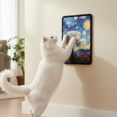 Chat blanc étiré contre un griffoir mural pour chat bleu, fixé au mur dans un intérieur lumineux