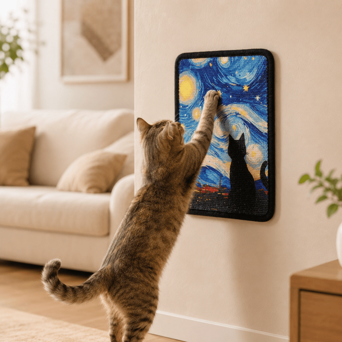 Chat tigré faisant ses griffes sur un griffoir mural chat décoratif au motif nuit étoilée dans un salon beige