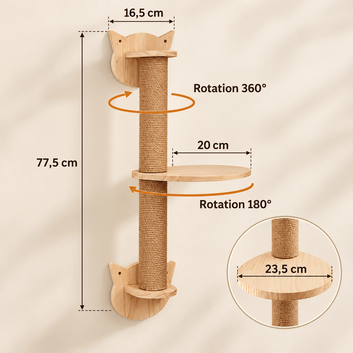 Dimensions et rotations d’un griffoir mural chat en bois et sisal sur fond beige clair