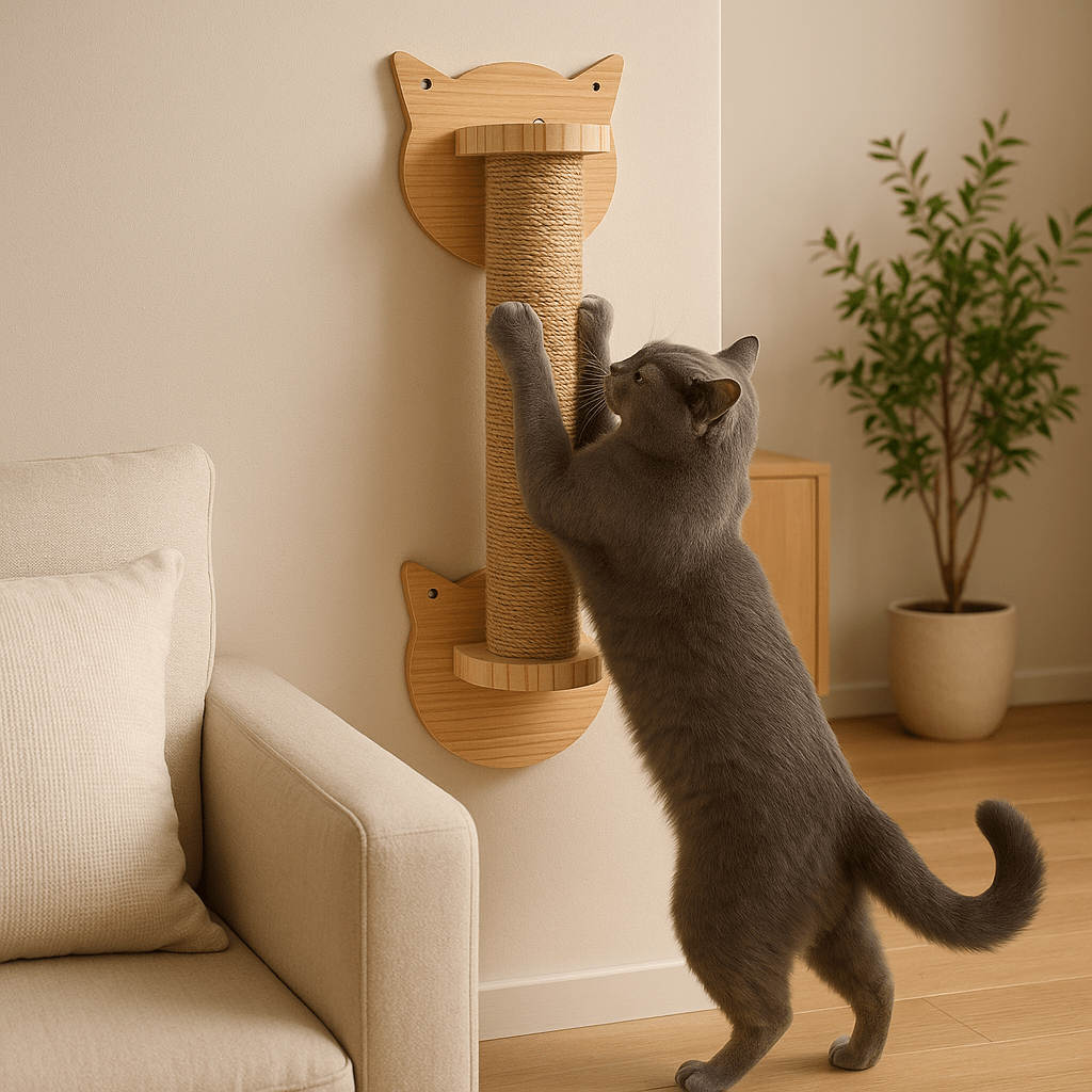 chat gris fait griffes dessus griffoir mural chat Duo Murkitties