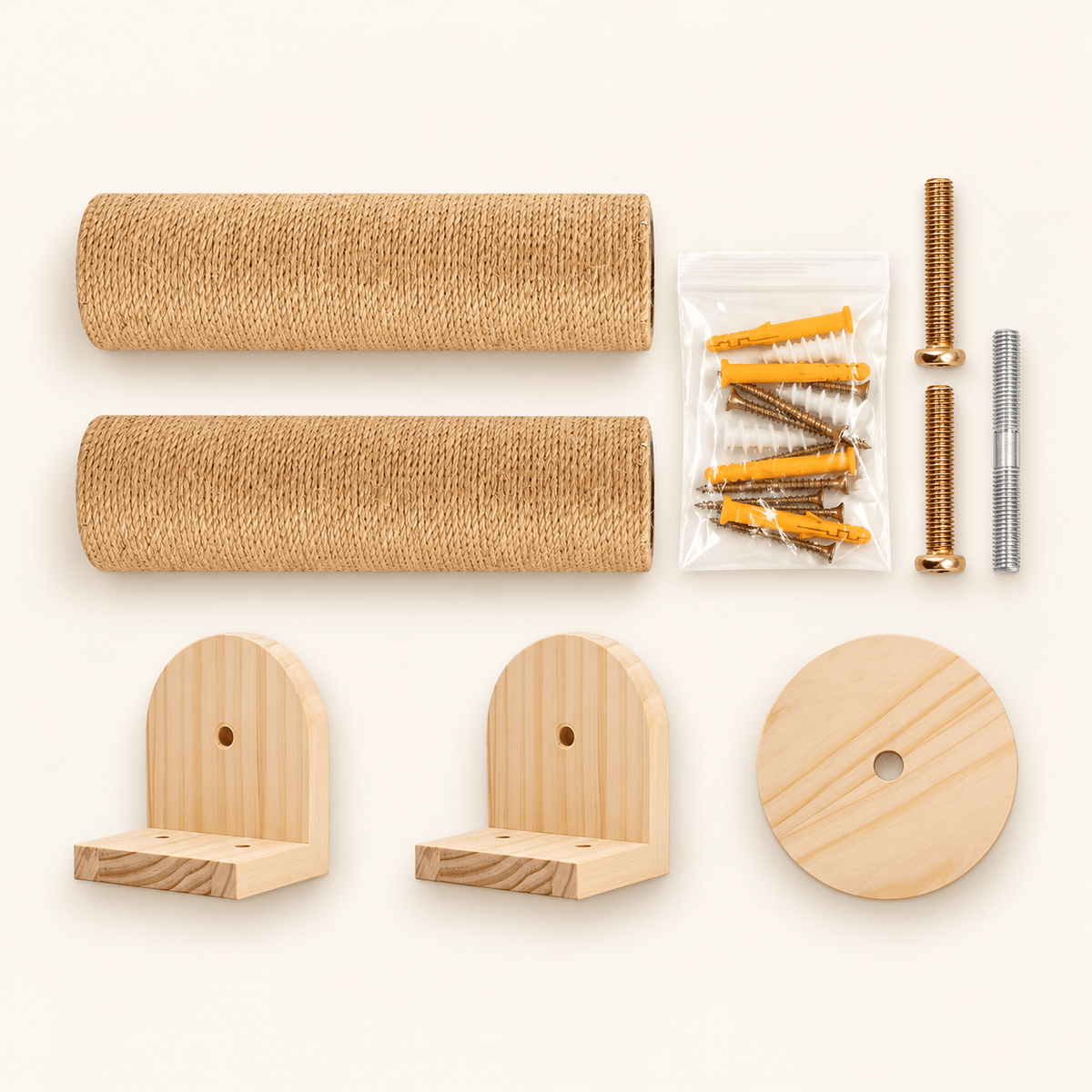 Pièces du griffoir mural chat en sisal avec supports en bois, vis, chevilles et accessoires de fixation