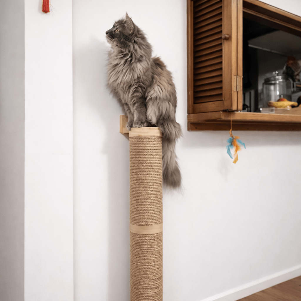 griffoir mural chat sisal bois naturel chat assis dessus
