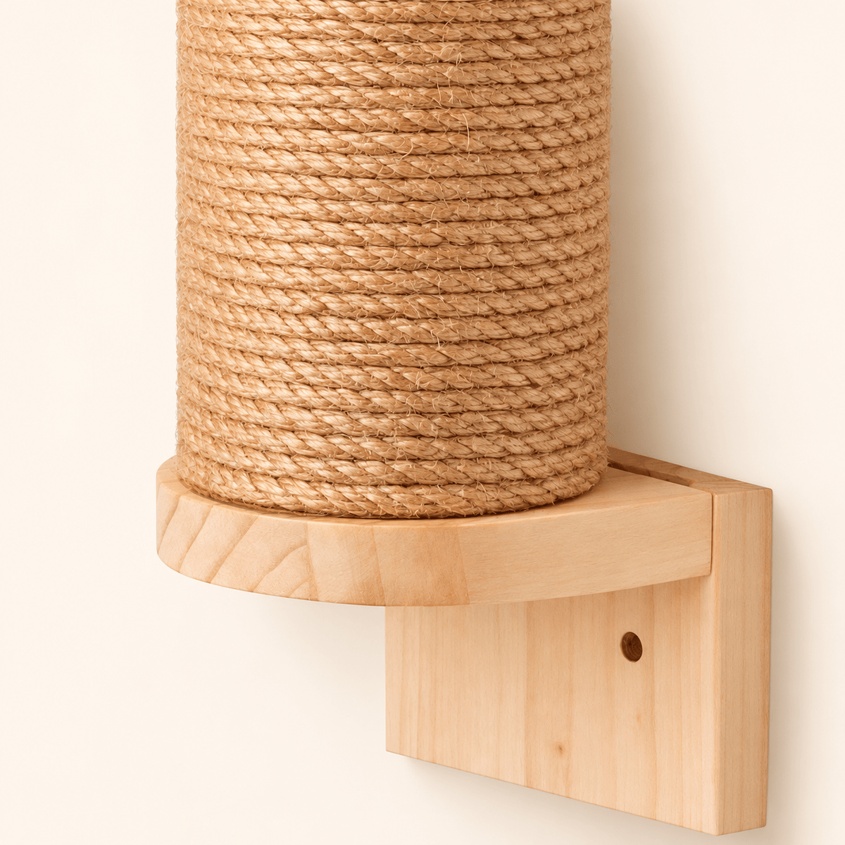 Gros plan sur le sisal naturel tressé et le support en bois de pin du griffoir mural pour chat