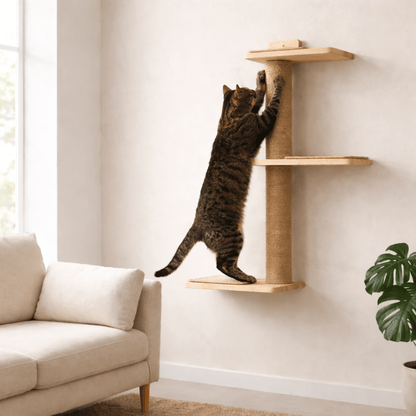 chat utilisant griffoir mural bois sisal
