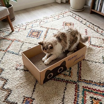 chat qui griffe une griffoire chat en carton posée sur un tapis dans un salon