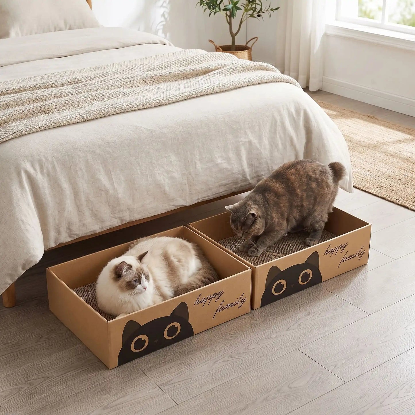 deux chats utilisant une griffoire chat en carton dans une chambre moderne