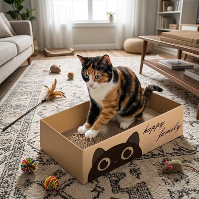 chat qui utilise une griffoire chat en carton dans un salon avec jouets