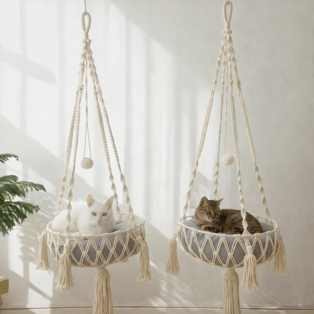 hamac à chat suspendu avec deux chats ambiance maison