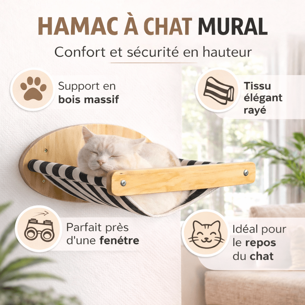 hamac à chat mural bois massif tissu rayé confort chat
