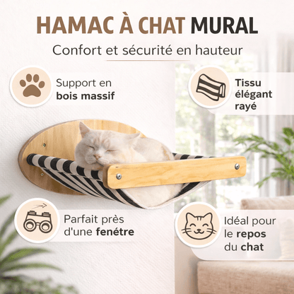 hamac à chat mural bois massif tissu rayé confort chat