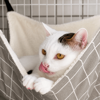 Chat confortablement installé dans un hamac à chat suspendu en tissu doux