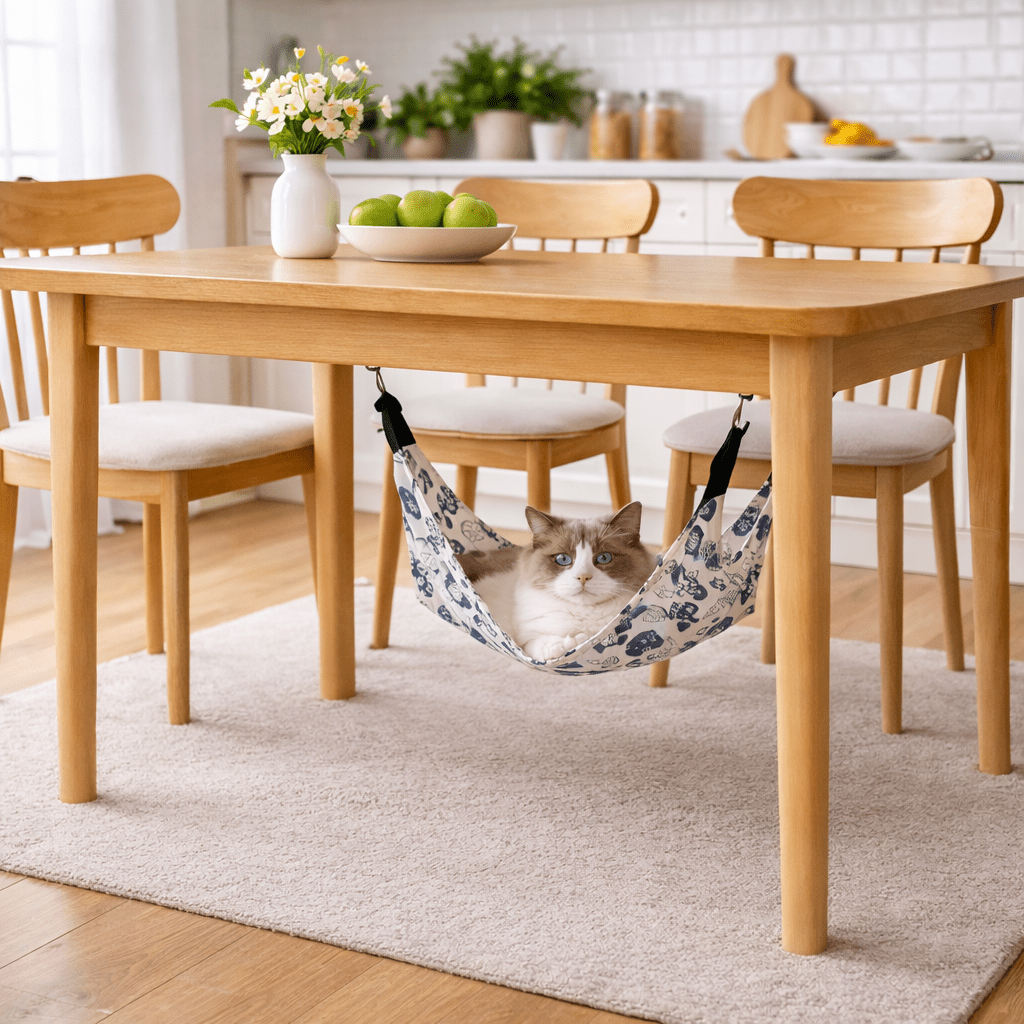 Hamac à chat suspendu installé sous une table en bois dans un intérieur lumineux