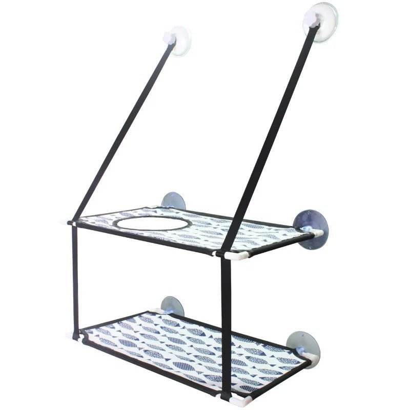 hamac chat double fenêtre motif bleu avec ouverture centrale