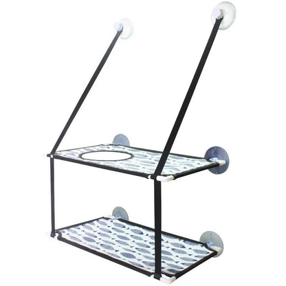 hamac chat double fenêtre motif bleu avec ouverture centrale