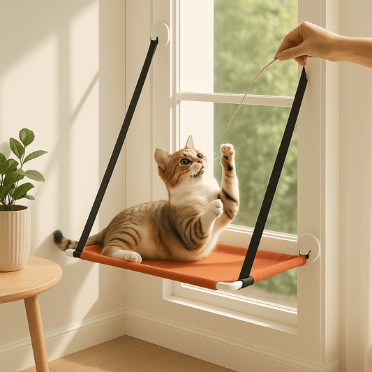 chat joue avec jouet dessus hamac fenêtre rouge
