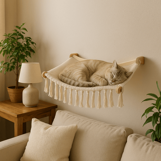 matou complètement endormi dans hamac mural chat Bohème Macramé