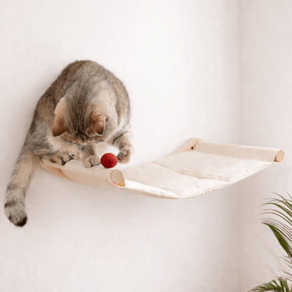 hamac mural chat bois coussin blanc gain de place