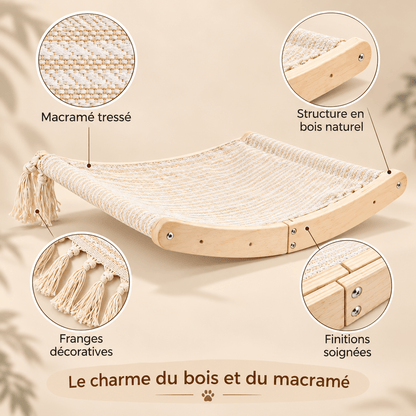 détails hamac mural chat macramé bois massif