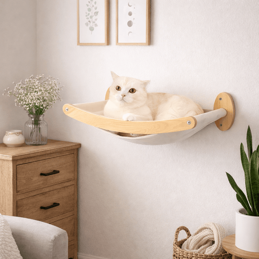 hamac mural chat bois massif avec chat roux