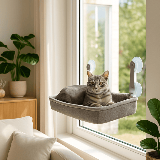 chat gris couché confortablement dedans hamac rectangle gris