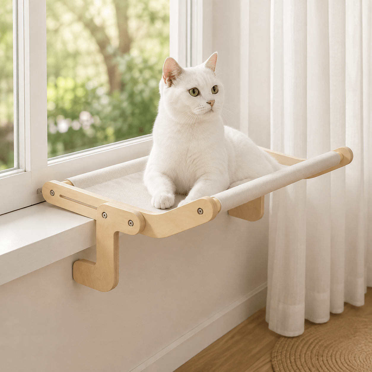 Hamac pour chat suspendu installé près d'une fenêtre