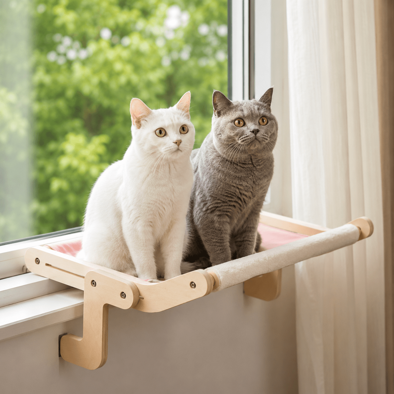 Deux chats installés sur un hamac suspendu près d'une fenêtre