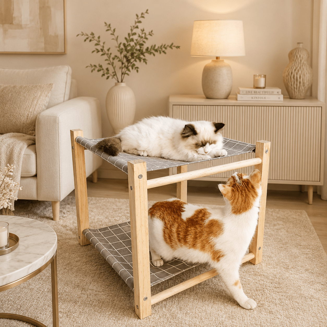 hamac pour chat double niveau gris dans salon beige chic