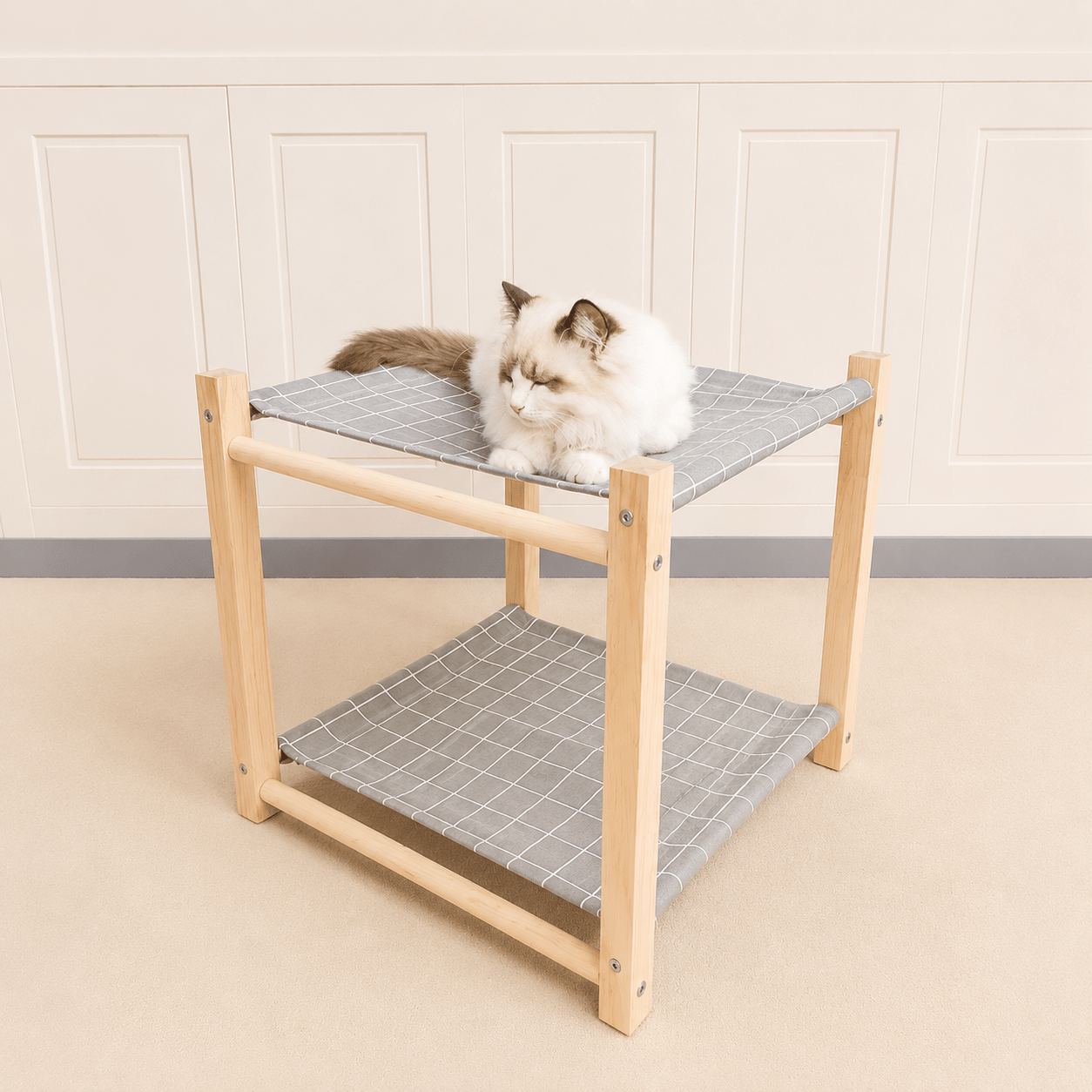 hamac pour chat double niveau gris en bois naturel