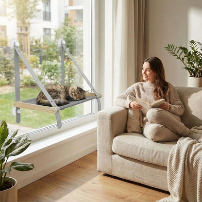 hamac pour chat fenêtre dans un intérieur moderne avec chat au repos près de la fenêtre