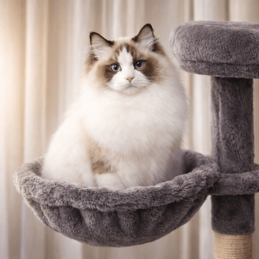 hamac pour chat gris sur arbre à chat avec chat yeux bleus