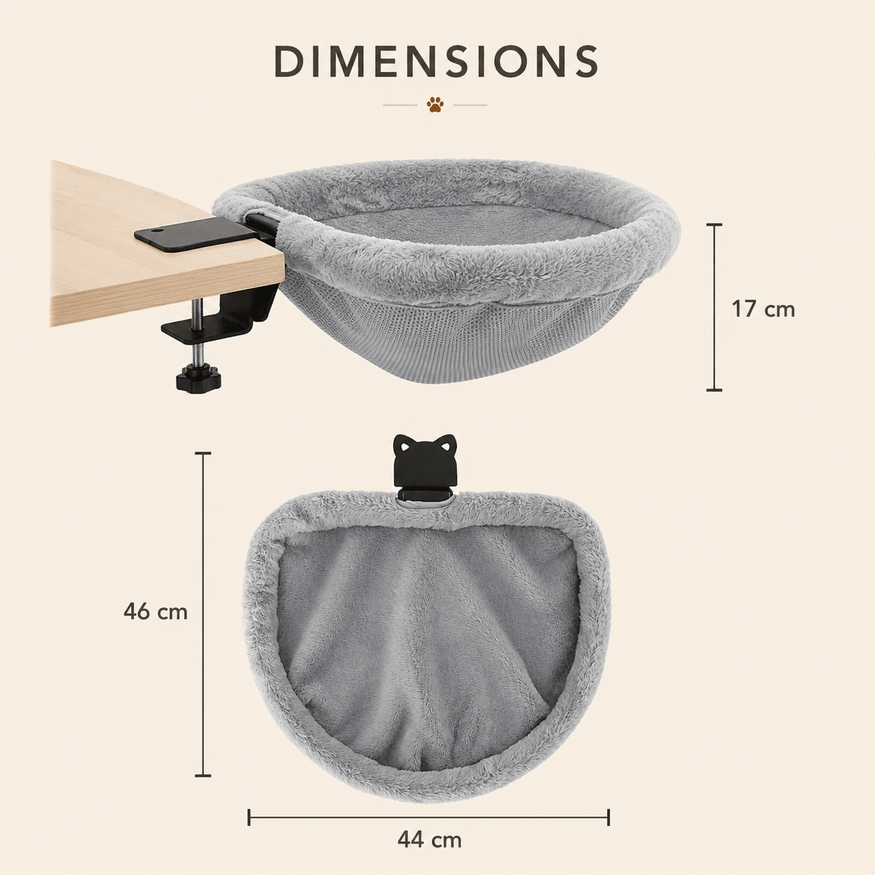 Dimensions du hamac pour chat suspendu avec fixation de bureau