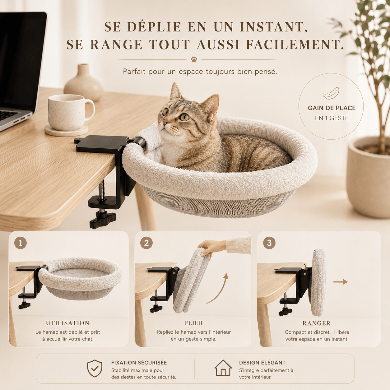 Hamac pour chat suspendu pliable permettant un rangement rapide et un gain de place