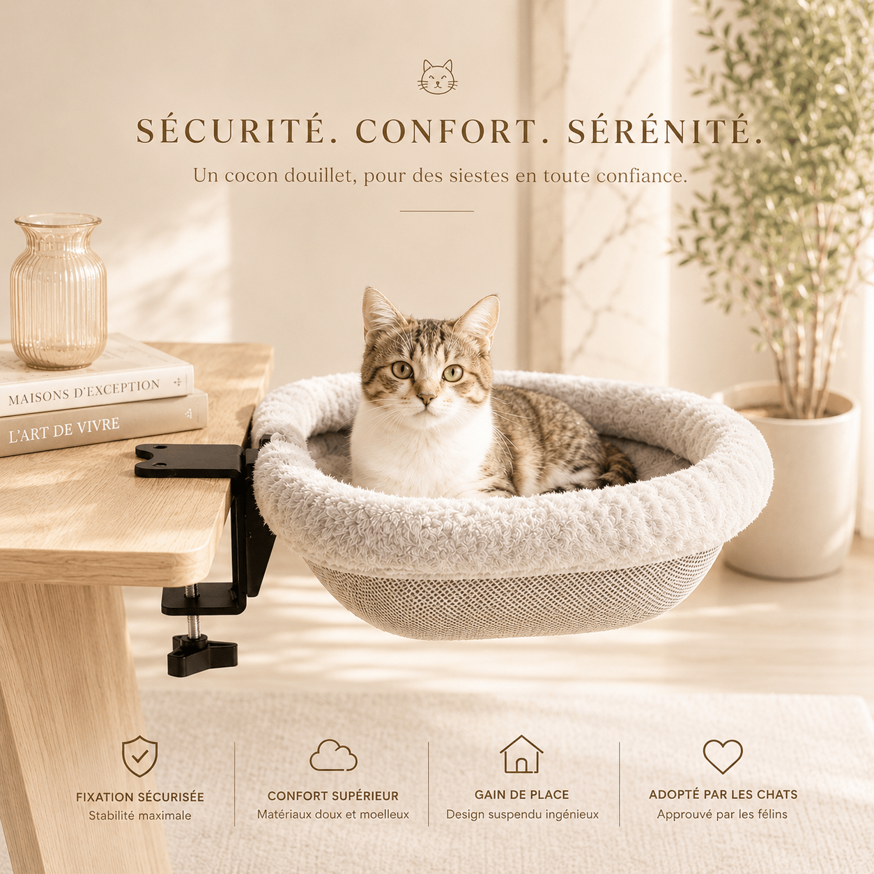 Panier suspendu pour chat offrant confort, stabilité et espace repos douillet